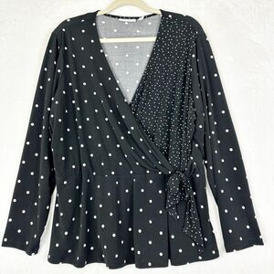 Susan Graver Liquid Knit Faux Wrap Polka Dot Top Size 1X Black White